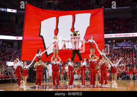 Madison, WI, USA. 12 Nov, 2017. Wisconsin Cheerleadern unterhält das Publikum während der NCAA Basketball Spiel zwischen der Yale Bulldogs und die Wisconsin Badgers in der Kohl Center in Madison, WI. Wisconsin besiegt Yale 89-61. John Fisher/CSM/Alamy leben Nachrichten Stockfoto
