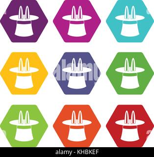 Rabbit Ears Erscheinen von einem top Magic hat Symbol Farbe hexaeder eingestellt Stock Vektor