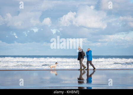 Paar mit Hund am Strand entlang Stockfoto