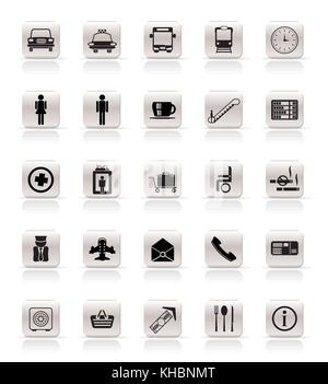 Flughafen, Reise und Verkehr vektor Icon Set Stock Vektor