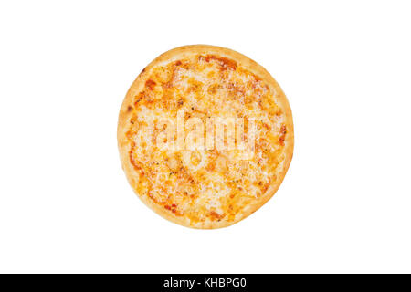 Perfekte Pizza Margarita auf weißem Hintergrund isoliert. Ansicht von oben. Stockfoto