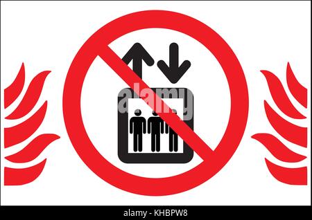 Im Brandfall nicht mit dem Aufzug fahren. Verwenden Sie kein Aufzugsschild. Im Brandfall verwenden Treppe, Vektor-Illustration. Stock Vektor