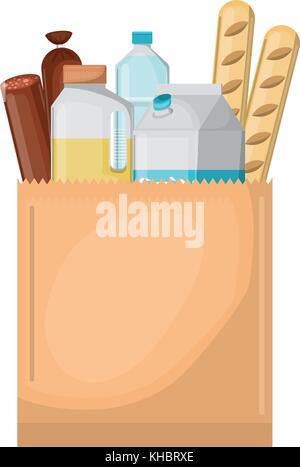 Platz Paper Bag mit Lebensmittel Wurst, Brot und Getränke Saft und Wasser Flasche und Milch Karton Stock Vektor