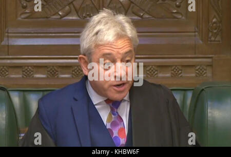 Commons Sprecher John Bercow während Prime Minister's Fragen im Unterhaus, London. Stockfoto