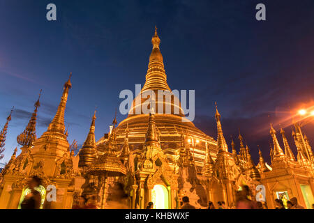 Abendstimmung, beleuchtete Shwedagon Pagode, Rangun, Myanmar Stockfoto