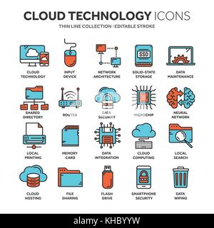 Cloud omputing. Internet Technologie. Online Services. Daten, Informationen Sicherheit.. dünne Linie blau Web Icon Set. Überblick icons Collection. Vector Illustration. Stock Vektor
