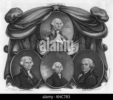 Gravur mit vier ovalen Porträts der Präsidenten der Vereinigten Staaten, oben George Washington, unter Thomas Jefferson, James Madison und John Adams, Washington, DC, 1812. Aus der New York Public Library. Stockfoto