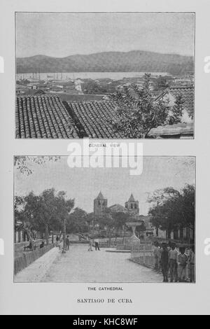 Das obere Foto besteht aus zwei verschiedenen Ausblicken auf die Stadt und bietet einen Blick über die Dächer in Richtung eines Hafens am Atlantischen Ozean. Im Hintergrund steigen Berge auf, das untere Bild zeigt den platz mit einer Kirche an einem Ende, Man kann Leute sehen, die den Fotografen, 1899, laufen und beobachten. Aus der New York Public Library. Stockfoto