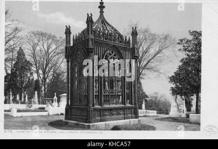 Ein koloriertes Foto des Grabes von James Monroe, das 1971 zum National Historic Landmark erklärt wurde, Hollywood Cemetery, Richmond, Virginia, 1905. Aus der New York Public Library. Stockfoto