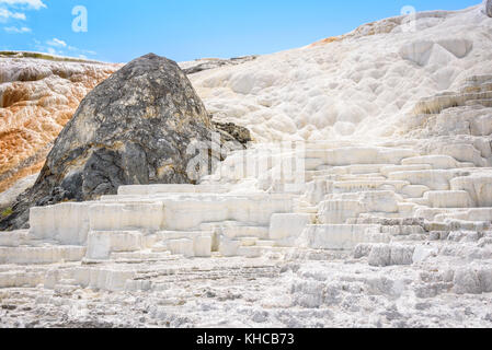 Die Terrassen der kristallines Calciumcarbonat in Mammoth Hot Springs, Yellowstone Park, USA. Stockfoto