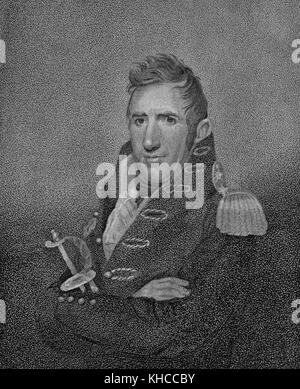 Gravur von Major General William Henry Harrison, als jüngerer Mann, in Uniform, Arme gekreuzt, mit einem Schwert, 1815. Aus der New York Public Library. Stockfoto