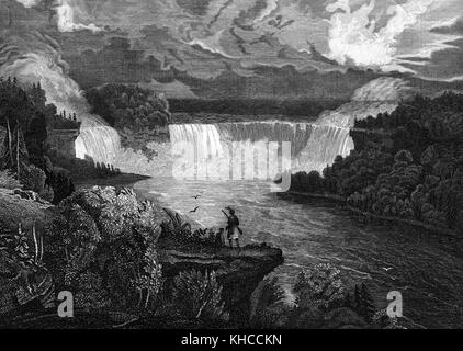 Ein Stich aus einem Gemälde der Niagarafälle von der New Yorker Seite, eine Indianerin, steht auf einem Ausschneiden über dem Fluss mit einem Gewehr, die Landschaft des Gemäldes besteht aus Wäldern und fließendem Wasser, New York, 1826. Aus der New York Public Library. Stockfoto