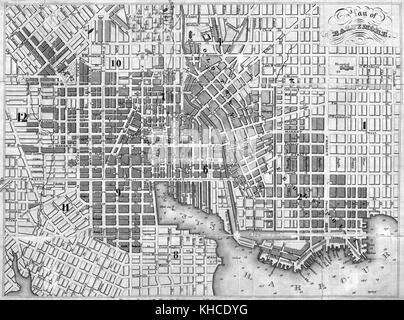 Karte mit Stadtplan, Baltimore, Maryland, 1832. Aus der New York Public Library. Stockfoto