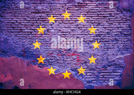 EU-Flagge auf einer Ziegelwand gemalt. 3D-Abbildung Stockfoto