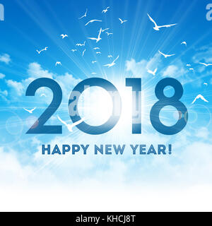 Neues Jahr 2018 und Grüße hoch in einem glänzenden blauen Himmel, mit dem Sonnenaufgang und Vögel Flug Stockfoto