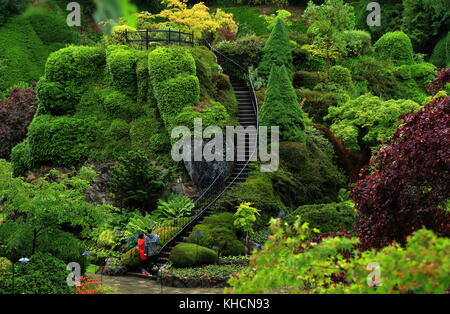 Die Butchart Gärten in der regnerischen Tag. schönen Gärten auf Vancouver Island, weltberühmte Meisterwerk der Landschaftsarchitektur. Stockfoto