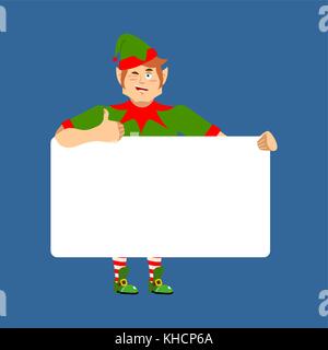 Santa Elf holding Banner leer. Weihnachten Helfer und weiß leer. Daumen hoch und Winks freudige Emotion. Platz für Text. Vector Illustration Stock Vektor