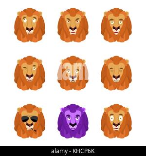 Lion set emoji Avatar. traurig und wütend das Gesicht. schuldig und Schlafen. wildes Tier schlafen emotion Gesicht. tier Aubergine. Vector Illustration Stock Vektor