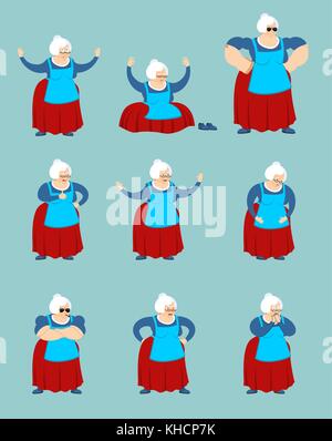 Großmutter set Posen und Bewegungen. Oma glücklich und Yoga. alte Frau schlafen und wütend. schuldig und traurig. Vector Illustration Stock Vektor