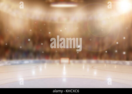 Niedriger Blickwinkel auf fiktive Hockeyarena mit Sportfans auf den Tribünen. Fokus auf Vordergrund mit bewusst geringer Schärfentiefe auf Hintergrund-Witz Stockfoto