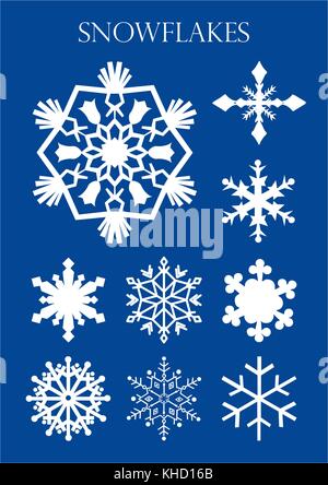Einstellen der verschiedenen Modelle der Schneeflocken auf blauen Hintergrund. Vektor Bild Stock Vektor