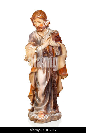 Figur des heiligen Joseph von der Krippe isoalted auf weißem Hintergrund Stockfoto