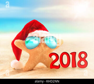 Seestern rot Weihnachtsmütze am Meer. 2018 Stockfoto
