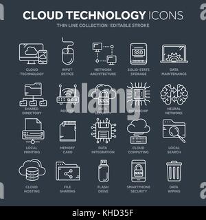 Cloud omputing. Internet Technologie. Online Services. Daten, Informationen Sicherheit.. dünne Linie blau Web Icon Set. Überblick icons Collection. Vector Illustration. Stock Vektor