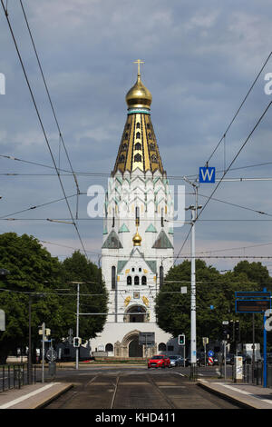 Russische Gedächtniskirche von russischen Architekten Wladimir Pokrowski in Leipzig, Sachsen, Deutschland entworfen. Die russische Gedächtniskirche gewidmet dem hl. Alexius von Moskau wurde im Jahre 1913 das 100-jährige Jubiläum der 1813 Kampf der Nationen zu gedenken. Stockfoto