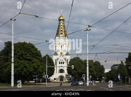 Russische Gedächtniskirche von russischen Architekten Wladimir Pokrowski in Leipzig, Sachsen, Deutschland entworfen. Die russische Gedächtniskirche gewidmet dem hl. Alexius von Moskau wurde im Jahre 1913 das 100-jährige Jubiläum der 1813 Kampf der Nationen zu gedenken. Stockfoto