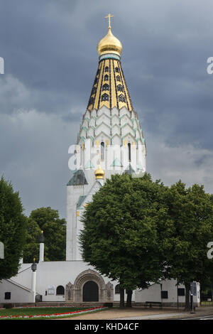 Russische Gedächtniskirche von russischen Architekten Wladimir Pokrowski in Leipzig, Sachsen, Deutschland entworfen. Die russische Gedächtniskirche gewidmet dem hl. Alexius von Moskau wurde im Jahre 1913 das 100-jährige Jubiläum der 1813 Kampf der Nationen zu gedenken. Stockfoto