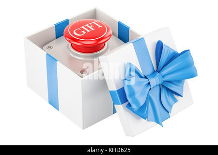 Geschenkbox mit Geschenk, 3D-Rendering auf weißem Hintergrund Stockfoto