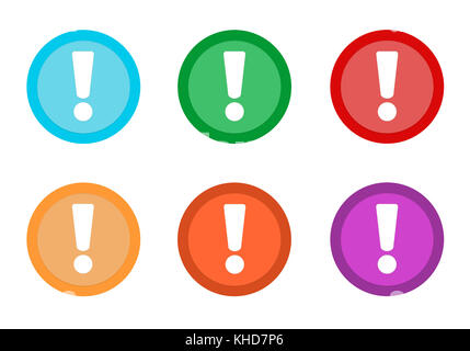 Eingestellt von Gerundeten farbige Schaltflächen mit Ausrufezeichen Symbol in blau, grün, gelb, orange, lila und roten Farben Stockfoto