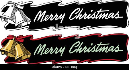 Ein Urlaub banner lesen Frohe Weihnachten mit Messing Glocken und einem roten Band. Stock Vektor