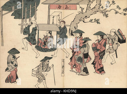 Samurai in einer Sänfte, Kurtisanen und Handwerker wandern in Yoshiwara. Holzschnitt von masanobu Okumura (1686-1764) von Fuzoku Emakimono, Bild Scrollen von Wasser Handel, Tokio, Reprint circa 1880. Stockfoto