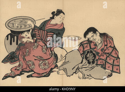 Eine oiran Kurtisane verkehren zwei shojo mit Willen aus einer großen Vase. Holzschnitt von masanobu Okumura (1686-1764) von Fuzoku Emakimono, Bild Scrollen von Wasser Handel, Tokio, Reprint circa 1880. Stockfoto