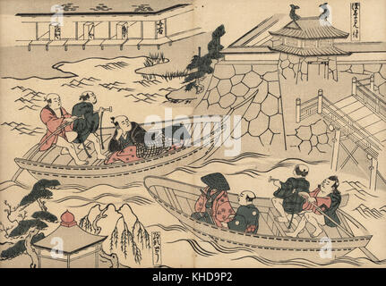 Samurai Überquerung des Flusses (Akasaka Mitsuke) in einem Boot auf dem Weg zum yoshiwara Vergnügen Viertel. Holzschnitt von masanobu Okumura (1686-1764) von Fuzoku Emakimono, Bild Scrollen von Wasser Handel, Tokio, Reprint circa 1880. Stockfoto