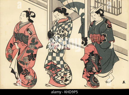 Oiran Kurtisanen und Maid (kamuro) zu Fuß in das Vergnügen. Holzschnitt von masanobu Okumura (1686-1764) von Fuzoku Emakimono, Bild Scrollen von Wasser Handel, Tokio, Reprint circa 1880. Stockfoto