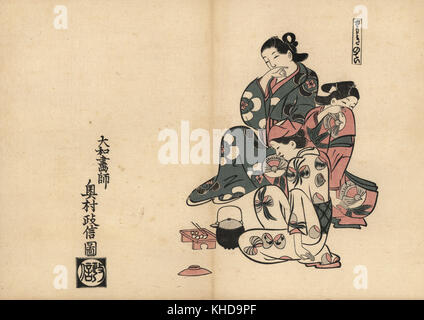 Miasma (Sawaki keine Tei), mit drei Kurtisanen in der Freude Quartalen Yoshiwara. Holzschnitt von masanobu Okumura (1686-1764) von Fuzoku Emakimono, Bild Scrollen von Wasser Handel, Tokio, Reprint circa 1880. Stockfoto