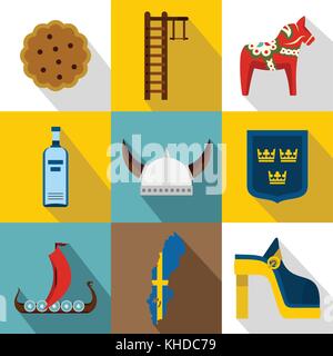 Tourismus in Schweden eingestellt Icons, flacher Stil Stock Vektor