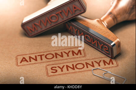3D-Abbildung von zwei Stempel mit dem Text Antonym und synonym. Linguistik und Semantik Konzept Stockfoto