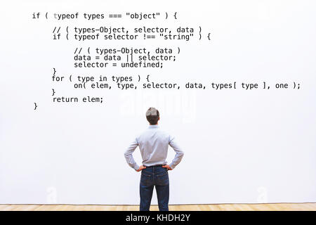Entwickler am Code javascript suchen, abstrakte Programmierung Konzeption, Programmierung Stockfoto