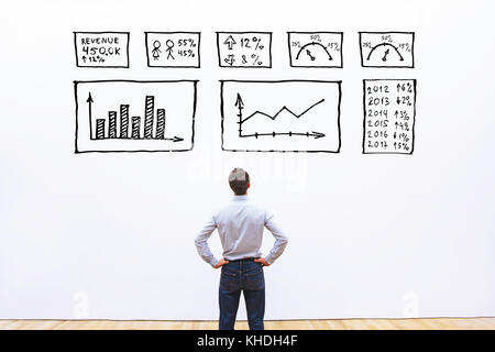 Business Analytics, Konzept, Geschäftsmann am Armaturenbrett mit Diagrammen und Grafiken suchen Stockfoto