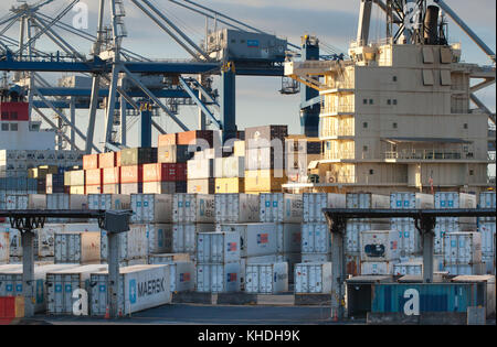 Auckland, Neuseeland - 17. April 2012: fahrbare Krane und der Container im Hafen von Auckland. Stockfoto