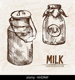 Digitale Vector ausführliche Line Art Milch in können, Glas Flasche hand Retro illustration Collection erstellt. Dünne künstlerische Bleistift skizzieren. Vintage Stock Vektor