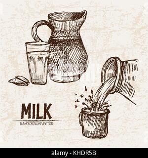 Digitale Vector ausführliche Line Art Splash und Krug Milch Hand gezeichnet retro Abbildung Sammlung ausgießen. Dünne künstlerische Bleistift skizzieren. Vintage i Stock Vektor