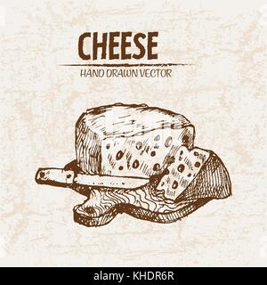 Digitale Vector ausführliche Line Art Schnittkäse mit Messer Hand gezeichnet retro Abbildung Sammlung eingestellt. Dünne künstlerische Bleistift skizzieren. vintage Tinte flach Stock Vektor