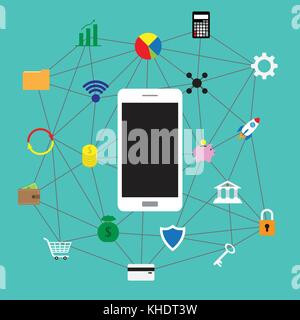 Vector Abbildung: Weiße Smartphone von bunten fintech Flachbild Symbole auf grünem Hintergrund, die in der Technologie, Banken umgeben. Stock Vektor