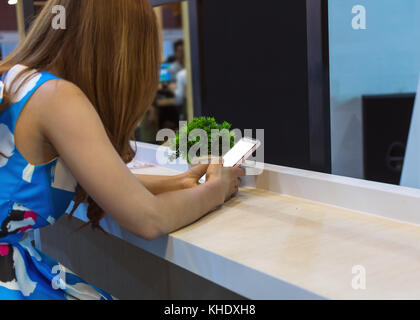 Frau mit dem Handy auf dem Sitz, Shopping online mit digital Laptop, Technologie und Internet Konzept Stockfoto