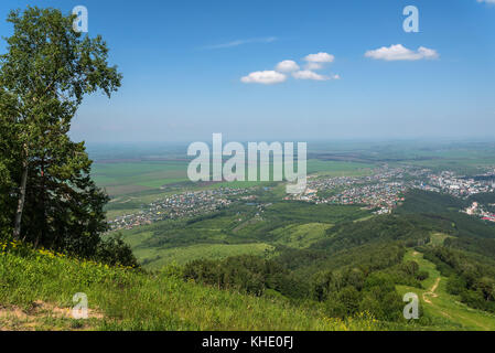 Malerische Ansicht von oben auf die Stadt, Bäume, Wald, landwirtschaftliche Felder, Bauernhöfe und Dörfer auf dem Hintergrund der blauen Himmel und Wolken im Sommer Stockfoto